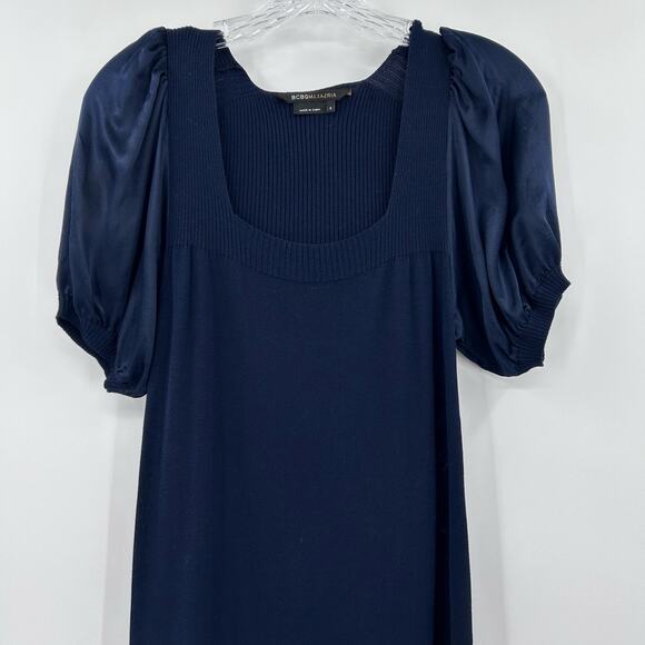 BCBGMaxAzria Silk Cashmere Blend Puff Sleeve Dress Navy Blue Shift Womens S - Picture 4 of 10